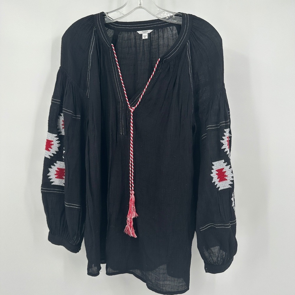 GUESS Womens Floral Boho Embroidered Top Size M Oversized Folk Peasant Gypsy